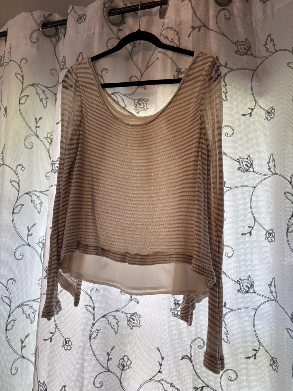 Annianna Taupe Sheer Striped Layered-Back Blouse